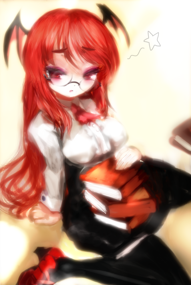 amii bat_wings bespectacled black_legwear black_thighhighs book glasses head_wings koakuma red_eyes red_hair redhead rumia sitting solo star the_embodiment_of_scarlet_devil thigh-highs thighhighs touhou wariza wings