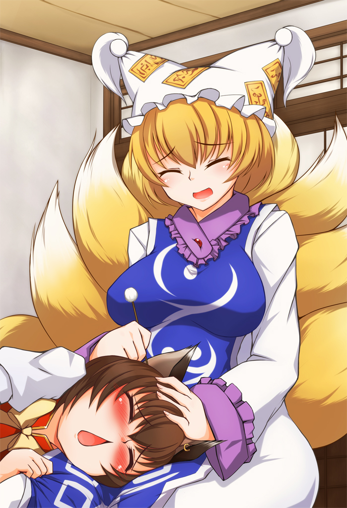 animal_ears blonde_hair blush bow breasts brown_hair cat_ears chen chestnut_mouth closed_eyes ear_cleaning eargasm earrings fingernails fox_tail hat jewelry lap_pillow large_breasts mimikaki multiple_girls multiple_tails no_hat no_headwear open_mouth pandain petting s-day short_hair single_earring smile tail touhou yakumo_ran