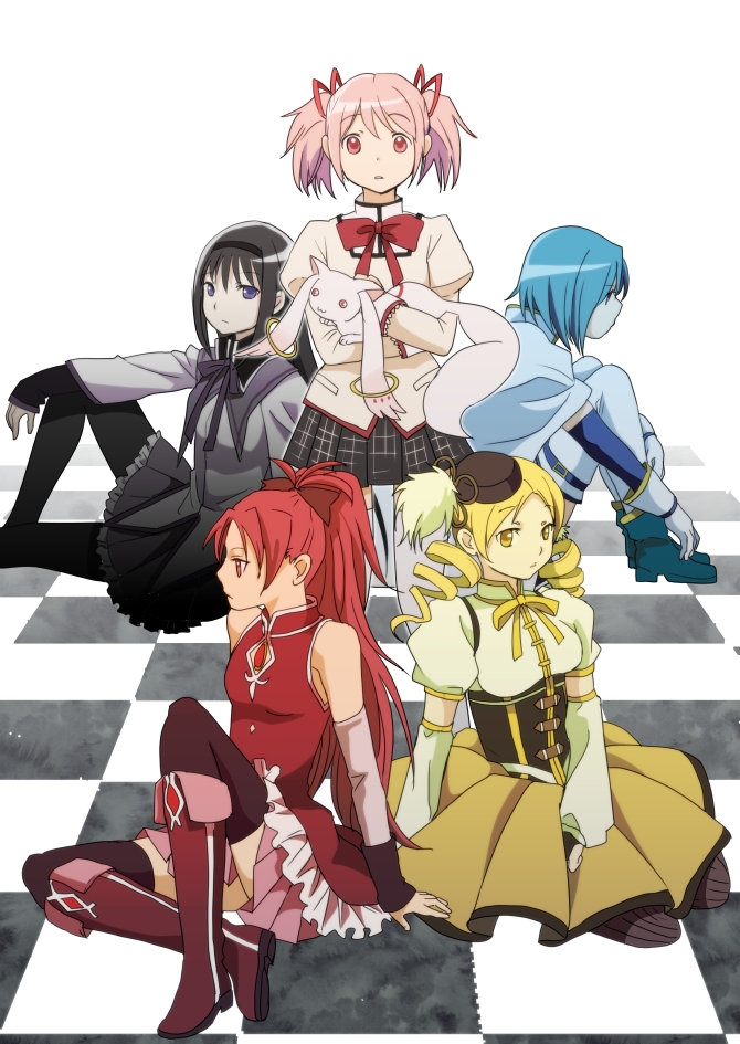 akemi_homura bad_id checkered checkered_floor kaname_madoka kyubey kyuubee mahou_shoujo_madoka_magica miki_sayaka multiple_girls nannnann pantyhose sakura_kyouko school_uniform sitting standing thigh-highs thighhighs tomoe_mami