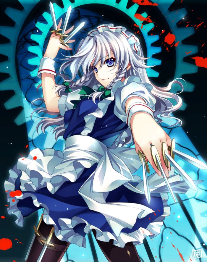 alternate_hairstyle between_fingers blood blue_eyes bow braid dagger foreshortening gears hair_bow holster izayoi_sakuya knife long_hair maid maid_headdress outstretched_arm pantyhose riv silver_hair smile solo thigh_strap throwing_knife touhou twin_braids weapon wrist_cuffs