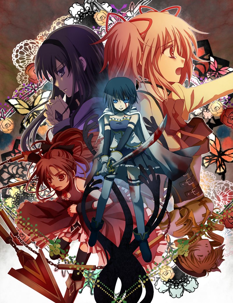 akemi_homura bare_shoulders belt black_eyes black_hair black_legwear blonde_hair blood bloody_tears blue_eyes blue_hair blue_legwear bow breasts butterfly cape chain closed_eyes detached_sleeves drill_hair flower gloves hair_bow hair_ornament hair_ribbon hairband hat kaname_madoka long_hair magical_girl mahou_shoujo_madoka_magica miki_sayaka multiple_girls nitou_akane open_mouth outstretched_arm pink_hair pocky polearm ponytail red_eyes red_hair ribbon rose sakura_kyouko short_hair short_twintails skirt soul_gem spear sword tears thighhighs tomoe_mami torn_clothes twin_drills twintails weapon