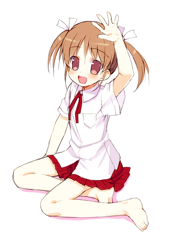 :d arm_up barefoot brown_eyes brown_hair fang feet flat_chest legs meito_(artist) meito_(maze) open_mouth original school_uniform short_hair sitting smile solo twintails