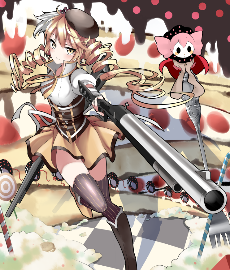 aiming beret blonde_hair bon boots cake charlotte_(madoka_magica) checkered checkered_floor drill_hair food fork gun hair_ornament hat magical_girl mahou_shoujo_madoka_magica puffy_sleeves shadow smile solo thigh-highs thighhighs tomoe_mami twintails weapon witch's_labyrinth witch's_labyrinth yellow_eyes