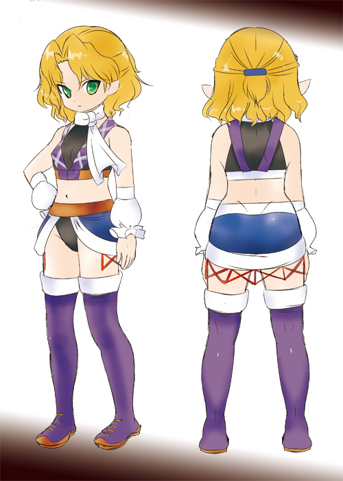 adapted_costume alternate_costume blonde_hair boots dei_shirou green_eyes hand_on_hip hips mizuhashi_parsee pointy_ears scarf short_hair solo standing thigh-highs thigh_boots thighhighs touhou wrestling