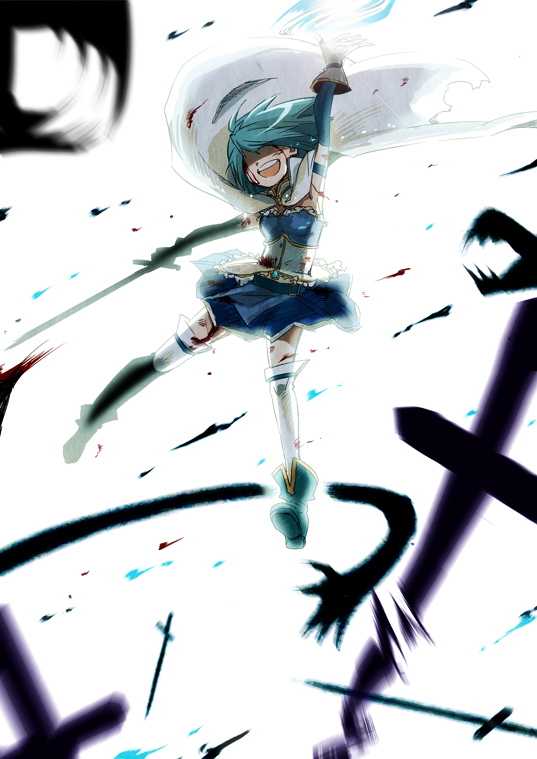 battle blood bloody_tears blue_hair blurry cape cuts depth_of_field flying gloves hair_over_eyes injury izuxco magical_girl mahou_shoujo_madoka_magica miki_sayaka motion_blur open_mouth shaded_face short_hair smile sword thigh-highs thighhighs weapon white_gloves white_legwear white_thighhighs witch's_labyrinth witch's_labyrinth