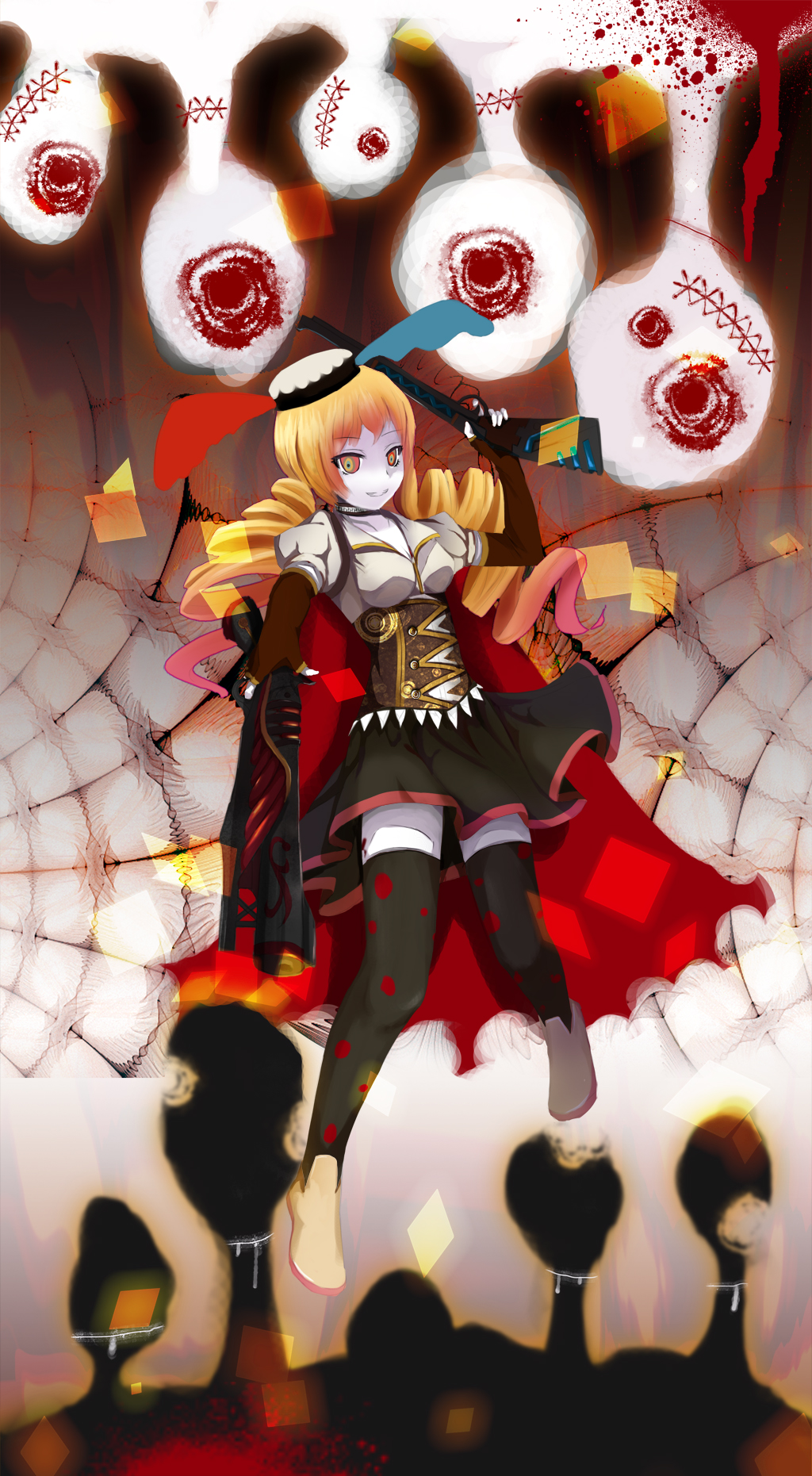 beret blonde_hair breasts charlotte_(madoka_magica) choker cleavage dark_persona drill_hair dual_wielding elbow_gloves fingerless_gloves fusion fuyou_deng fuyuu gloves gradient_hair grin gun hat highres mahou_shoujo_madoka_magica multicolored_eyes multicolored_hair pale_skin pleated_skirt puffy_sleeves skirt smile solo thigh-highs thighhighs tomoe_mami twin_drills weapon witch's_labyrinth witch's_labyrinth zettai_ryouiki