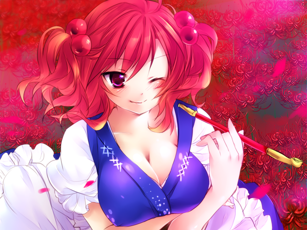 bad_id breasts bust cleavage flower from_above kiseru lowres onozuka_komachi petals pink_eyes pink_hair pipe short_hair smile solo sorai_mahiru spider_lily touhou twintails wink
