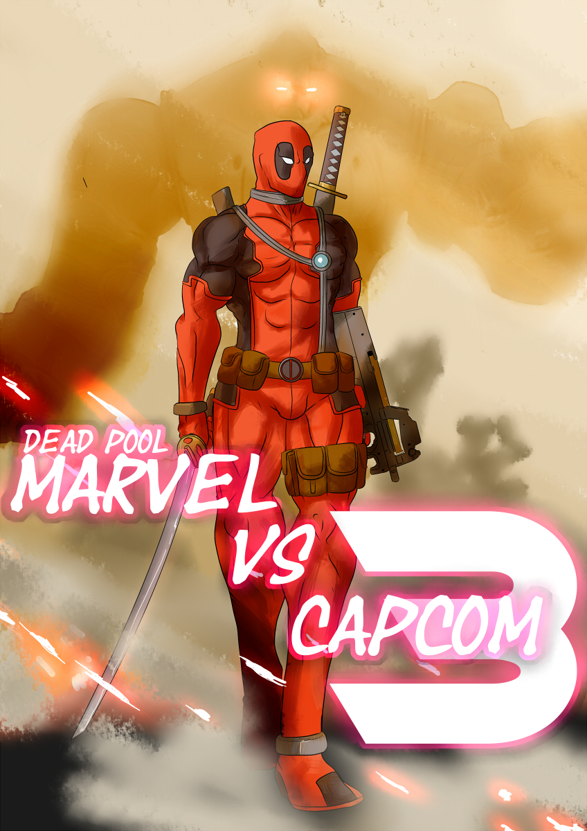 belt bodysuit call_of_duty call_of_duty:modern_warfare_2 choker deadpool english gloves glowing_eyes gun highres katana male marvel marvel_vs_capcom marvel_vs_capcom_3 mask p90 parody pouch sentinel sword walking weapon