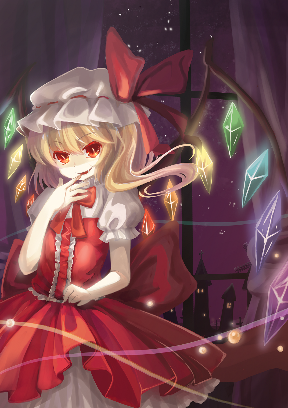adapted_costume bat_wings blood bow colored_eyelashes dress eyelashes fang flandre_scarlet glowing hat highres night night_sky red_eyes shomon sky smile smirk solo the_embodiment_of_scarlet_devil touhou window wings