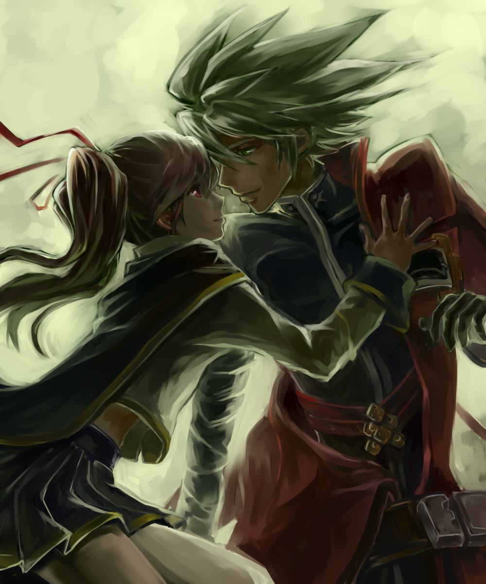 1girl belt blazblue blazblue_phase_0 bloodedge brown_hair cape celica_a_mercury coat couple eye_contact glove gloves green_eyes hair_ribbon highres incipient_kiss light_smile looking_at_another midriff pink_eyes pleated_skirt ragna_the_bloodedge red_eyes ribbon skirt smile twintails white_hair