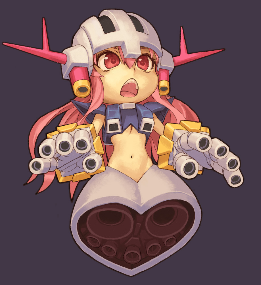 and gundam long_hair mecha_musume midriff mobile_suit_gundam navel open_mouth pink_eyes pink_hair simple_background solo zeon zeong