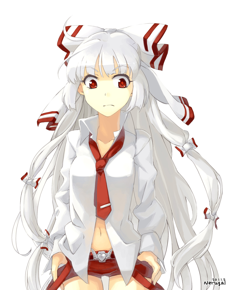 contemporary fujiwara_no_mokou highres long_hair navel necktie nerugal red_eyes solo touhou white_hair