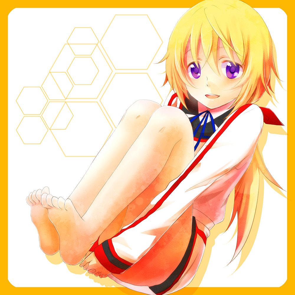 barefoot blonde_hair charlotte_dunois feet hands_clasped hands_under_legs infinite_stratos legs long_hair mina_m open_mouth ponytail purple_eyes smile solo violet_eyes