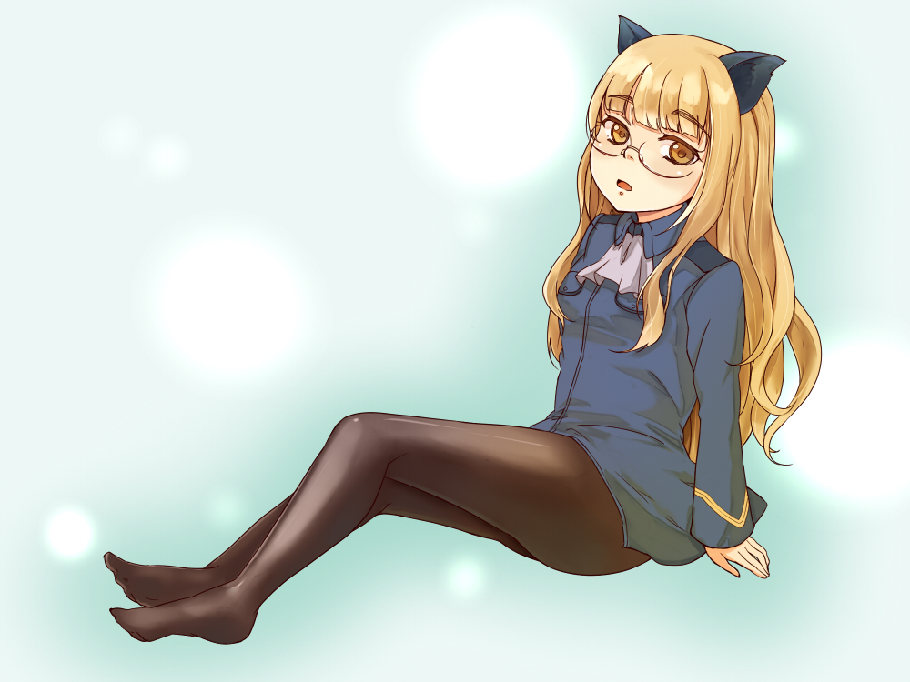 1girl blonde_hair cat_ears face glasses legs long_hair military military_uniform mune pantyhose perrine_h_clostermann sitting solo strike_witches uniform yellow_eyes