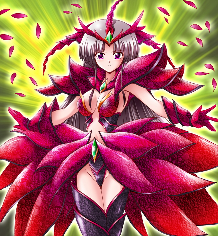 black_rose_dragon breasts bunji center_opening dress duel_monster gloves grey_hair long_hair personification petals purple_eyes red solo violet_eyes yu-gi-oh! yuu-gi-ou yuu-gi-ou_5d's yuu-gi-ou_5d's
