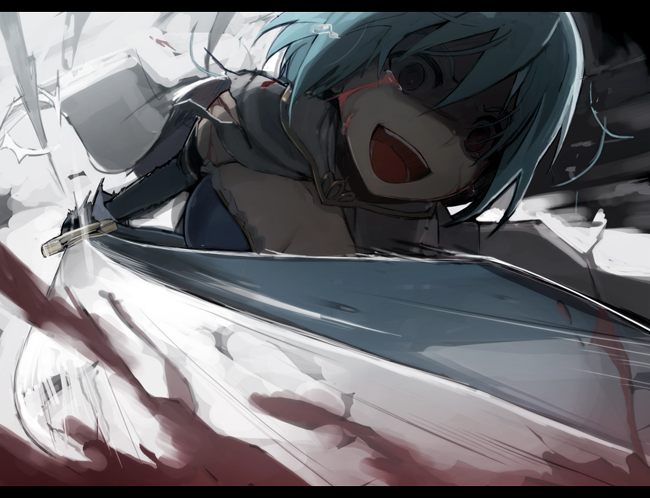 blood bloody_tears blue_eyes blue_hair cape crazy crazy_eyes empty_eyes foreshortening gloves letterboxed magical_girl mahou_shoujo_madoka_magica miki_sayaka ookuma_(nitroplus) open_mouth perspective solo sword tears weapon