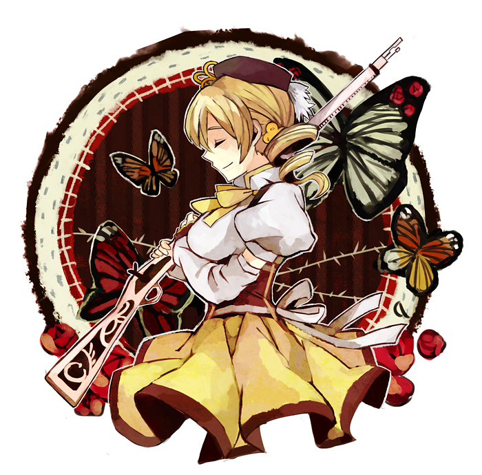 bad_id beret blonde_hair butterfly closed_eyes detached_sleeves drill_hair eyes_closed fingerless_gloves gloves gun hat magical_musket mahou_shoujo_madoka_magica profile puffy_sleeves rifle shoumu smile solo thorns tomoe_mami weapon witch's_labyrinth witch's_labyrinth