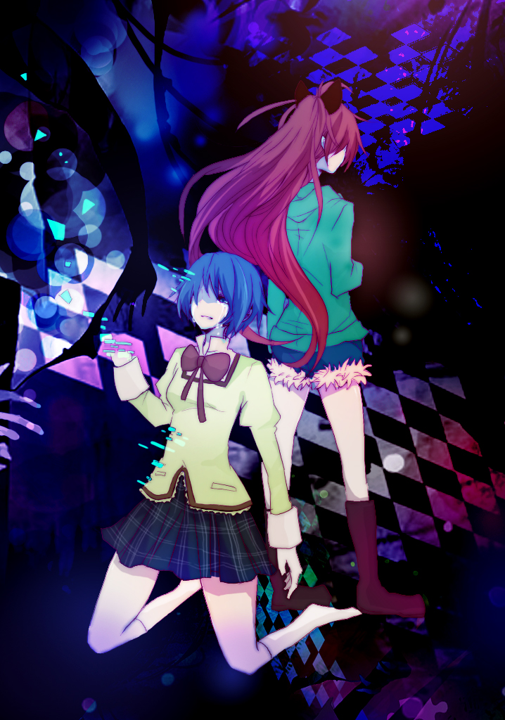 bad_id blue_eyes blue_hair boots casual checkered digital_dissolve from_behind kneeling long_hair mahou_shoujo_madoka_magica miki_sayaka mmco multiple_girls red_hair redhead sakura_kyouko school_uniform short_hair shorts smile spoilers standing tears witch's_labyrinth witch's_labyrinth