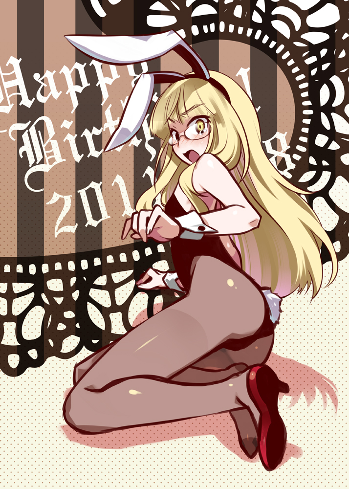 1girl ass blonde_hair blush bunny_ears bunnysuit glasses happy_birthday high_heels legs long_hair long_legs looking_back negi_(ulogbe) on_side open_mouth pantyhose perrine_h_clostermann shoes solo strike_witches surprised tears thighs ulogbe yellow_eyes