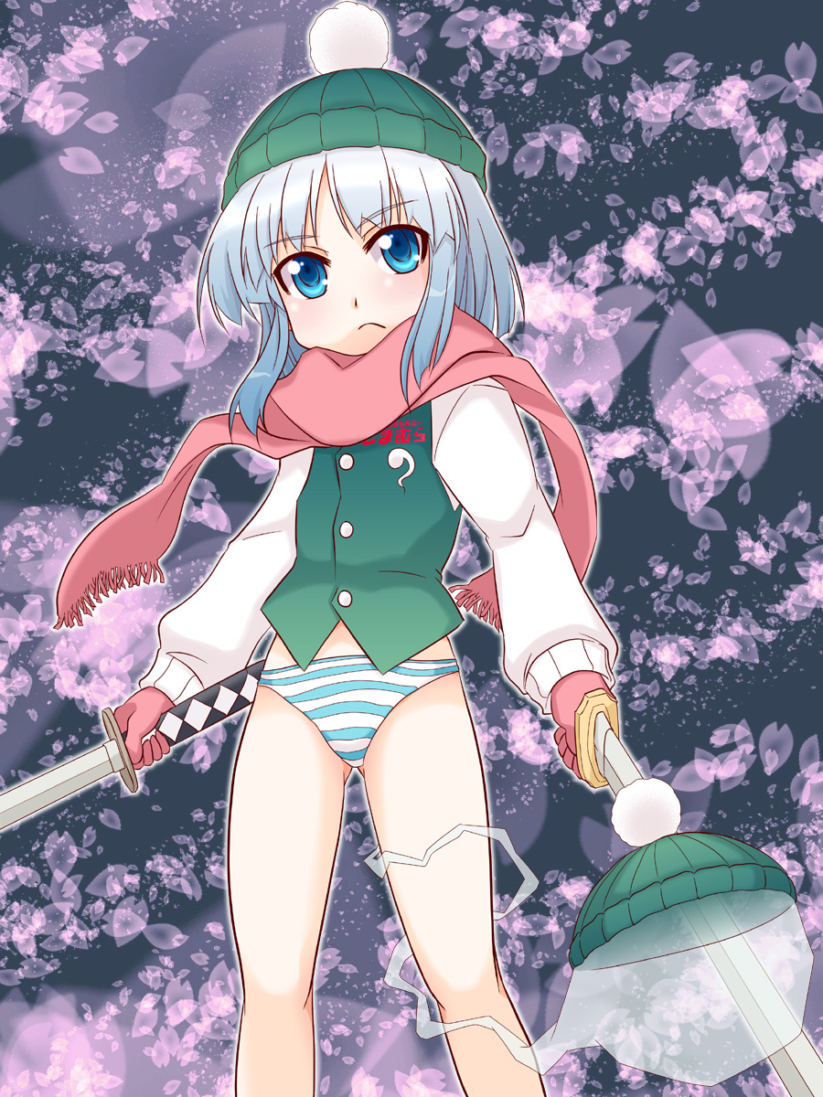 beanie blue_eyes dual_wielding ghost hat highres hitodama kairakuen_umenoka katana konpaku_youmu konpaku_youmu_(ghost) myon no_pants panties scarf shimamura_youmu short_hair silver_hair solo standing striped striped_panties sword tougall touhou underwear vest weapon