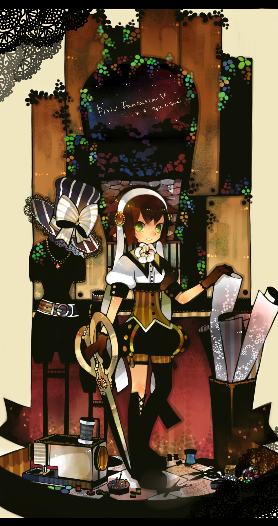 bow brown_hair buttons clothes elf fabric flower gloves green_eyes hair_ribbon hat hat_bow highres jewelry mannequin necklace needle pin_cushion pincushion pixiv_fantasia pixiv_fantasia_5 pointy_ears ribbon rinju_umisu scissors sewing_machine short_hair short_sleeves solo spool top_hat