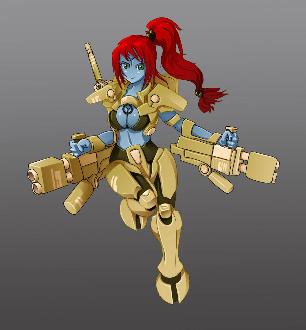 alien armor blue_skin gun no_nose red_hair redhead tau warhammer_40k weapon