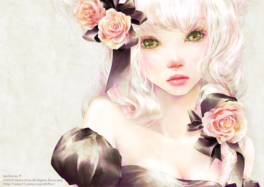 cleavage dress enta_shiho face flower green_eyes lips original pink_lips pink_rose realistic rose solo watermark white_hair