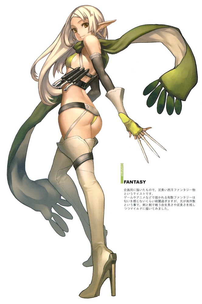 ass belt bikini bikini_top blonde_hair boots brown_eyes copyright_request elf elven_ears fingerless_gloves garters gloves knife long_hair looking_back nagi_ryou ninja pointy_ears scarf smile solo swimsuit text thigh_boots thighhighs throwing_knife translation_request weapon white_hair yellow_eyes