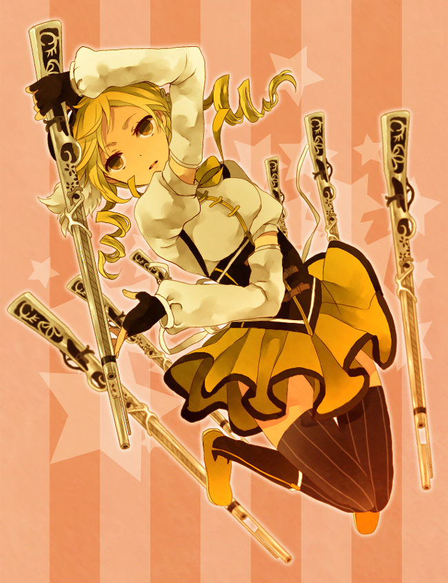 bad_id beret blonde_hair boots detached_sleeves drill_hair fingerless_gloves gloves gun hat magical_girl magical_musket mahou_shoujo_madoka_magica ono_(0_no) pleated_skirt puffy_sleeves rifle skirt solo star thighhighs tomoe_mami weapon yellow_eyes
