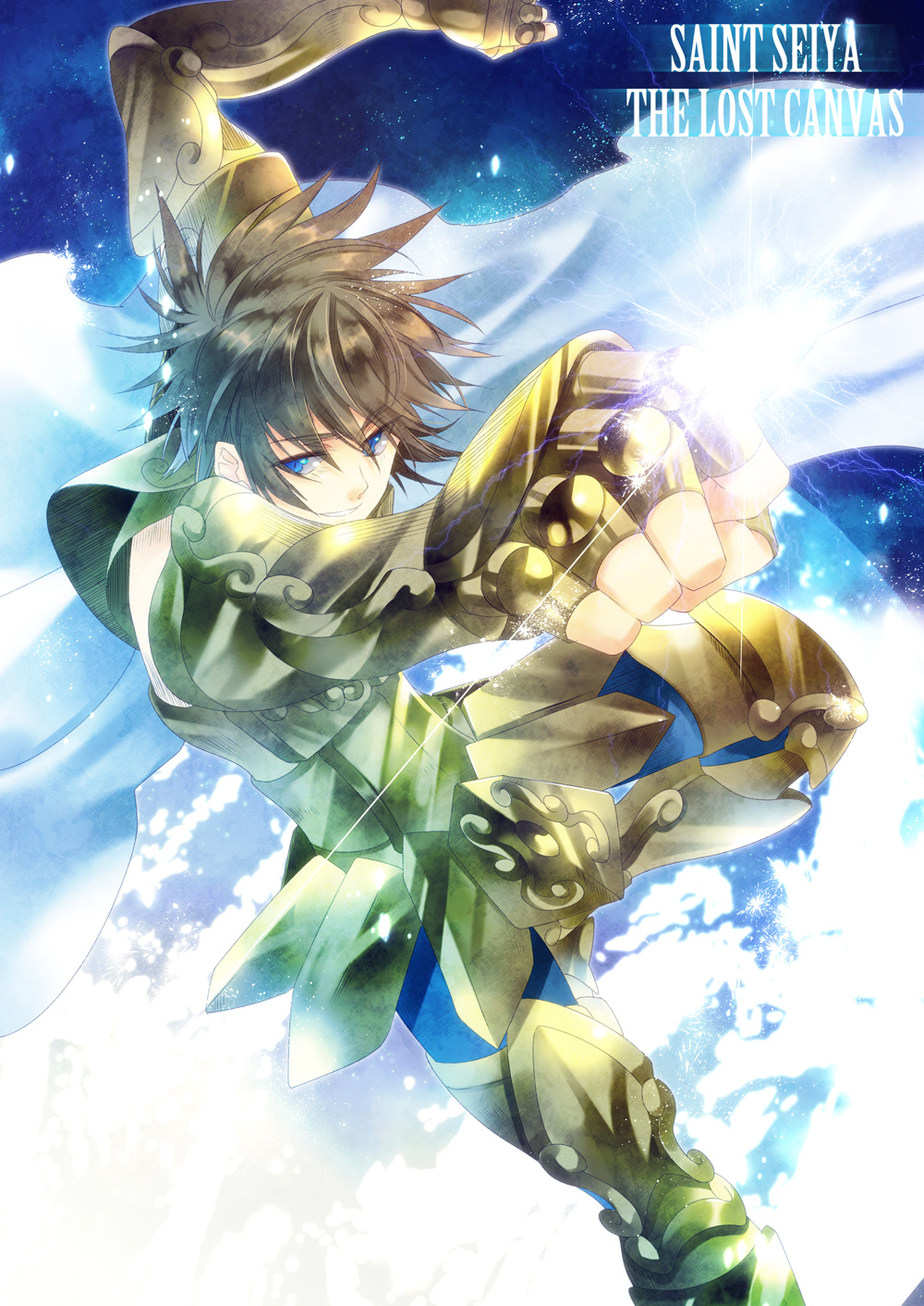 armor blue_eyes brown_hair clenched_hands fist hanei highres leo_regulus male saint_seiya saint_seiya:_the_lost_canvas solo