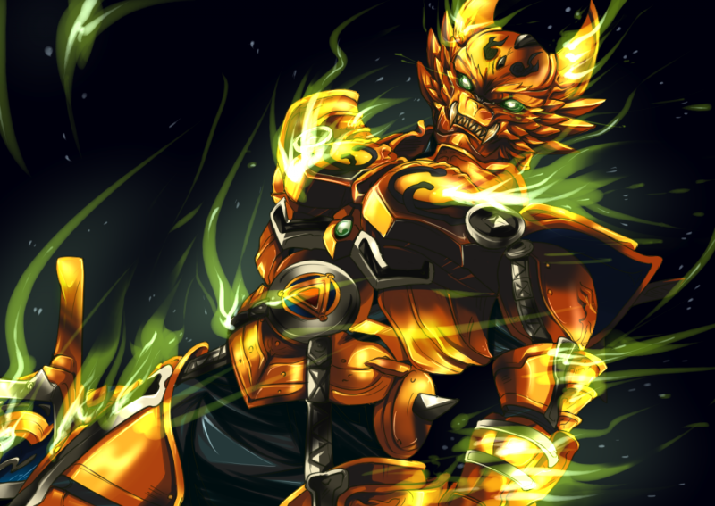 1boy armor denji fangs garo garo_(series) gold green_eyes male solo sword weapon