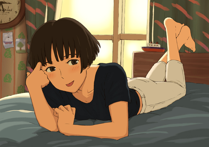 1girl :p arm_support ass barefoot bed blush bob_cut brown_eyes brown_hair capri_pants clock curtains face foreshortening gake_no_ue_no_ponyo ghibli indoors jas looking_away lying on_stomach pants risa_(ponyo) short_hair solo studio_ghibli t-shirt tongue tongue_out watch window