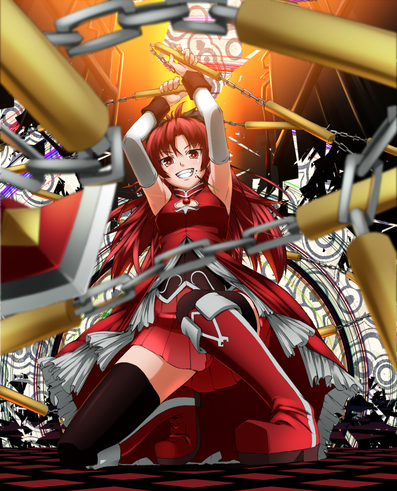armpits arms_up black_legwear blurry boots bow chain chains depth_of_field detached_sleeves foreshortening grin hair_bow hullzion knee_boots long_hair mahou_shoujo_madoka_magica one_knee pocky ponytail red_eyes red_hair redhead sakura_kyouko skirt smile solo thigh-highs thighhighs zettai_ryouiki