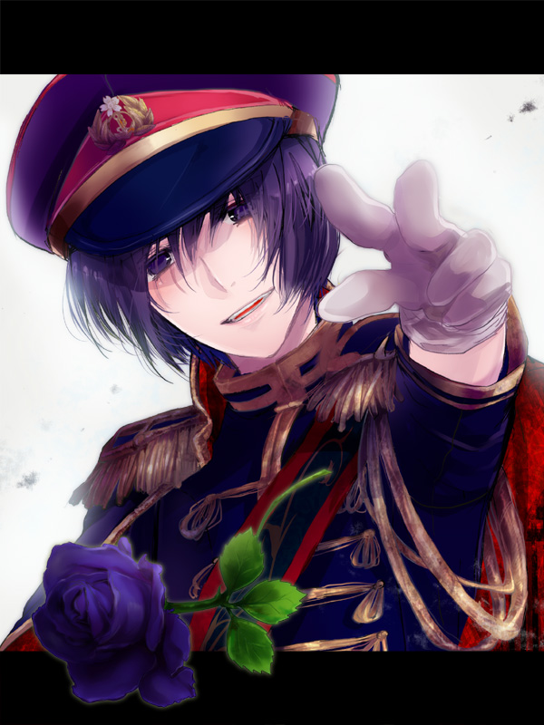 aiguillette axis_powers_hetalia epaulettes flower gloves hat hazuki_tooya japan_(hetalia) male masyax2 military military_uniform purple_eyes purple_hair solo uniform violet_eyes