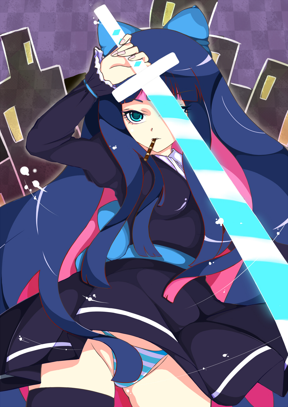 bad_id black_legwear black_thighhighs blue_eyes bow breasts city dress hair_bow highres long_hair mouth_hold multicolored_hair pandako panties panty_&amp;_stocking_with_garterbelt skindentation solo stocking_(character) stocking_(psg) striped striped_panties stripes_i_&amp;_ii sword thigh-highs thighhighs two-tone_hair underwear weapon