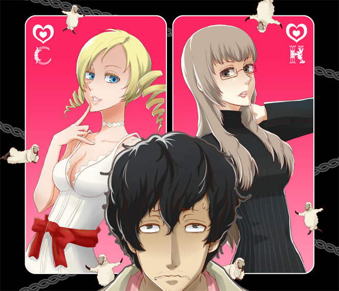1boy 2girls blonde_hair blue_eyes card cards catherine catherine_(game) drill_hair female glasses hiramoto_(pixiv1048959) katherine_(catherine) katherine_mcbride long_hair male multiple_girls sheep sweat_drop sweatdrop sweater twin_drills twintails vincent_(catherine) vincent_brooks
