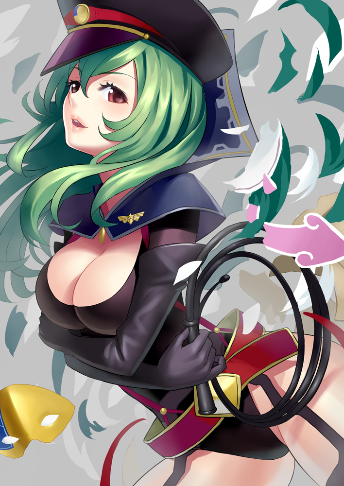 cleavage garter_belt garter_straps gloves green_hair hat k+ large_breasts legs long_hair open_mouth solo star_driver thick_thighs thighs watanabe_kanako whip