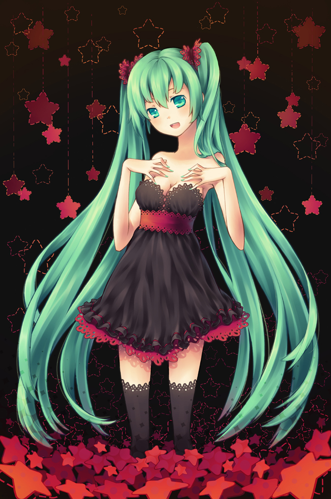 akashirokai bare_shoulders breasts cleavage dress green_eyes green_hair hands_on_chest hatsune_miku long_hair nail_polish open_mouth solo star strapless_dress thigh-highs thighhighs twintails very_long_hair vocaloid zettai_ryouiki