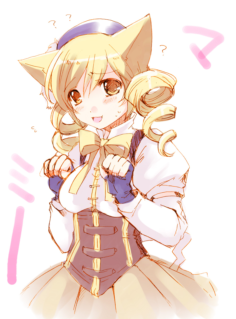 ? animal_ears beret blonde_hair cat_ears cat_pose drill_hair face fingerless_gloves gloves hat highres kemonomimi_mode magical_girl mahou_shoujo_madoka_magica paw_pose puffy_sleeves shinolion short_hair sketch solo tomoe_mami twin_drills twintails yellow_eyes