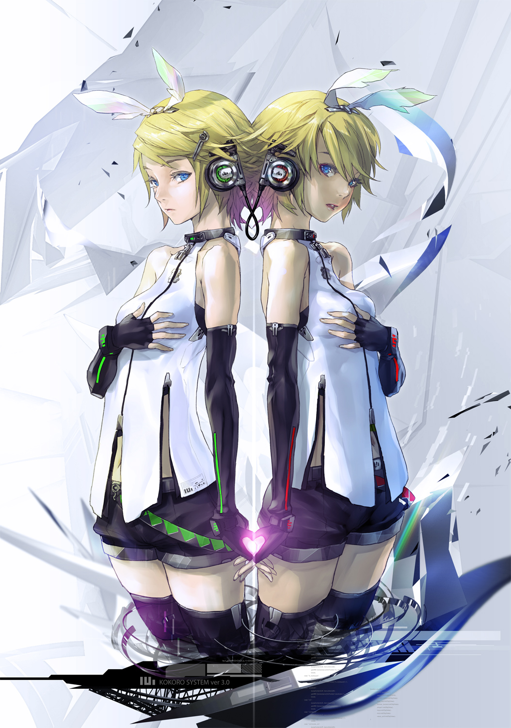 back-to-back bare_shoulders black_legwear blonde_hair blue_eyes blush detached_sleeves dual_persona elbow_gloves fingerless_gloves gloves hair_ornament hair_ribbon hairclip hand_on_own_chest hand_to_chest headphones heart highres holding_hands kagamine_len kagamine_rin kagamine_rin_(append) kokoro_(vocaloid) multiple_girls redjuice ribbon short_hair thighhighs vocaloid vocaloid_append zettai_ryouiki