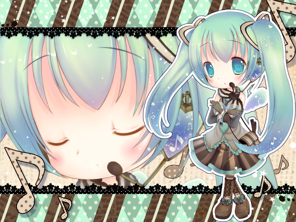 blue_eyes blue_hair boots bow chibi detached_sleeves gloves hair_ribbons hatsune_miku headphones headset heart messenger_bag musical_note necktie scarf skirt star twintails vocaloid