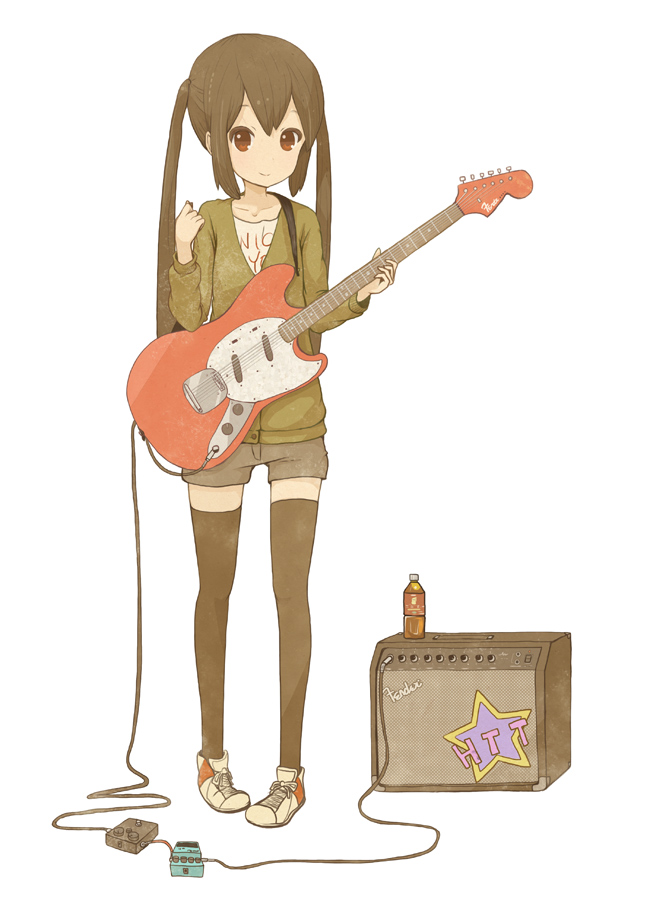 bad_id black_hair bottle brown_eyes cardigan guitar instrument k-on! kamo_(shiraokamo) long_hair nakano_azusa payot pigeon-toed pigeon_toed shorts simple_background standing thigh-highs thighhighs twintails zettai_ryouiki