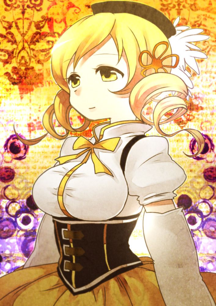 bad_id beret blonde_hair breasts corset detached_sleeves drill_hair gpnet hair_ornament hat large_breasts magical_girl mahou_shoujo_madoka_magica pleated_skirt puffy_sleeves skirt solo taut_shirt tomoe_mami yellow_eyes