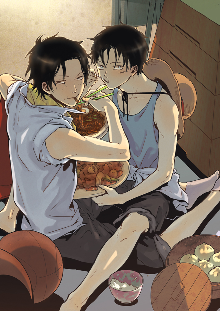 basketball black_eyes black_hair blue_eyes bowl brothers chopsticks collarbone duo eating egg food freckles hat hat_removed headwear_removed male monkey_d_luffy multiple_boys nikuman noodles one_piece plate portgas_d_ace rice scar shirt siblings sitting sitting_on_person sleeves_rolled_up socks straw_hat tank_top tmt vaulting_horse white_shirt