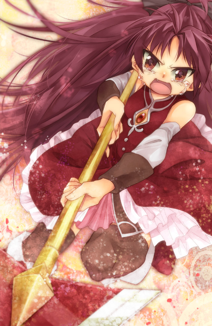 bare_shoulders black_legwear blurry bow commentary commentary_request depth_of_field detached_sleeves endou_(hot_handle) fang hair_bow long_hair magical_girl mahou_shoujo_madoka_magica open_mouth polearm ponytail red_eyes red_hair redhead sakura_kyouko solo spear tears thighhighs weapon