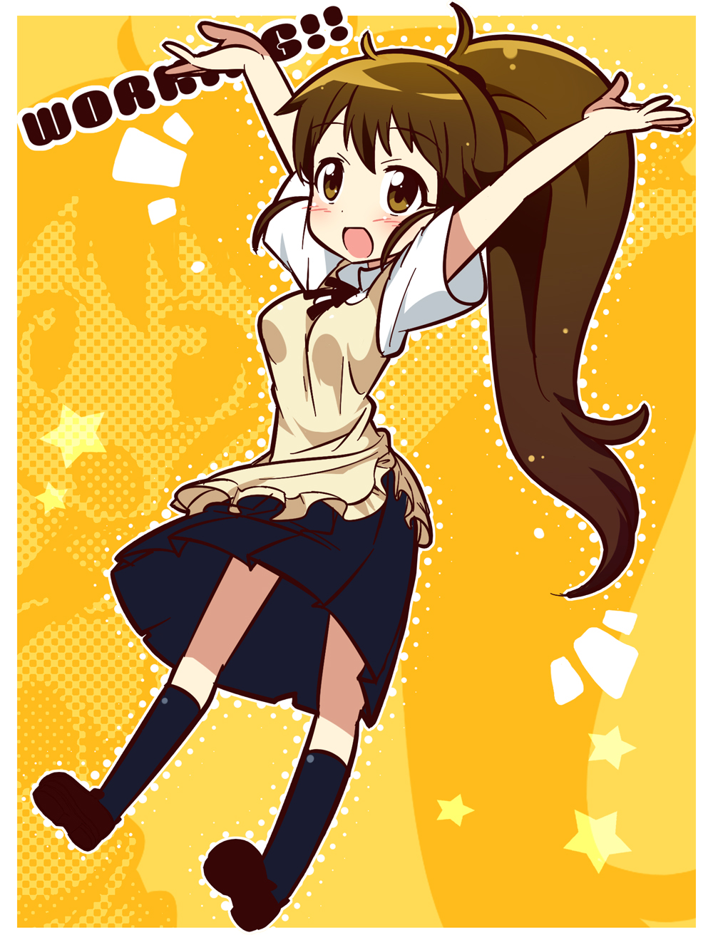1girl :d \o/ apron arms_up blush brown_eyes brown_hair copyright_name highres kimoko long_hair open_mouth outstretched_arms ponytail smile solo star taneshima_popura waitress working!! zoom_layer