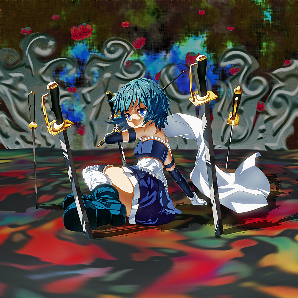 bare_shoulders blue_eyes blue_hair boots cape cometch magical_girl mahou_shoujo_madoka_magica miki_sayaka short_hair sitting sword thighhighs weapon witch's_labyrinth witch's_labyrinth