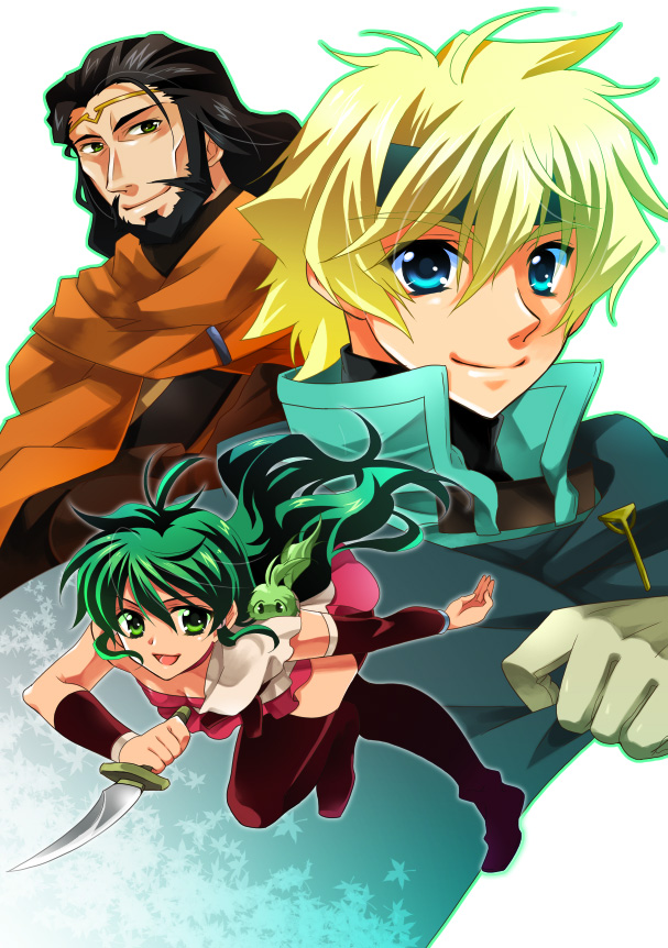 barda beard black_hair blonde_hair blue_eyes choker creature dagger deltora_quest facial_hair gloves green_eyes green_hair headband jasmine_(deltora_quest) leif leif_(deltora_quest) lief_(deltora_quest) long_hair messy_hair running scarf shuragyoku_mami skirt smile thigh-highs thighhighs weapon