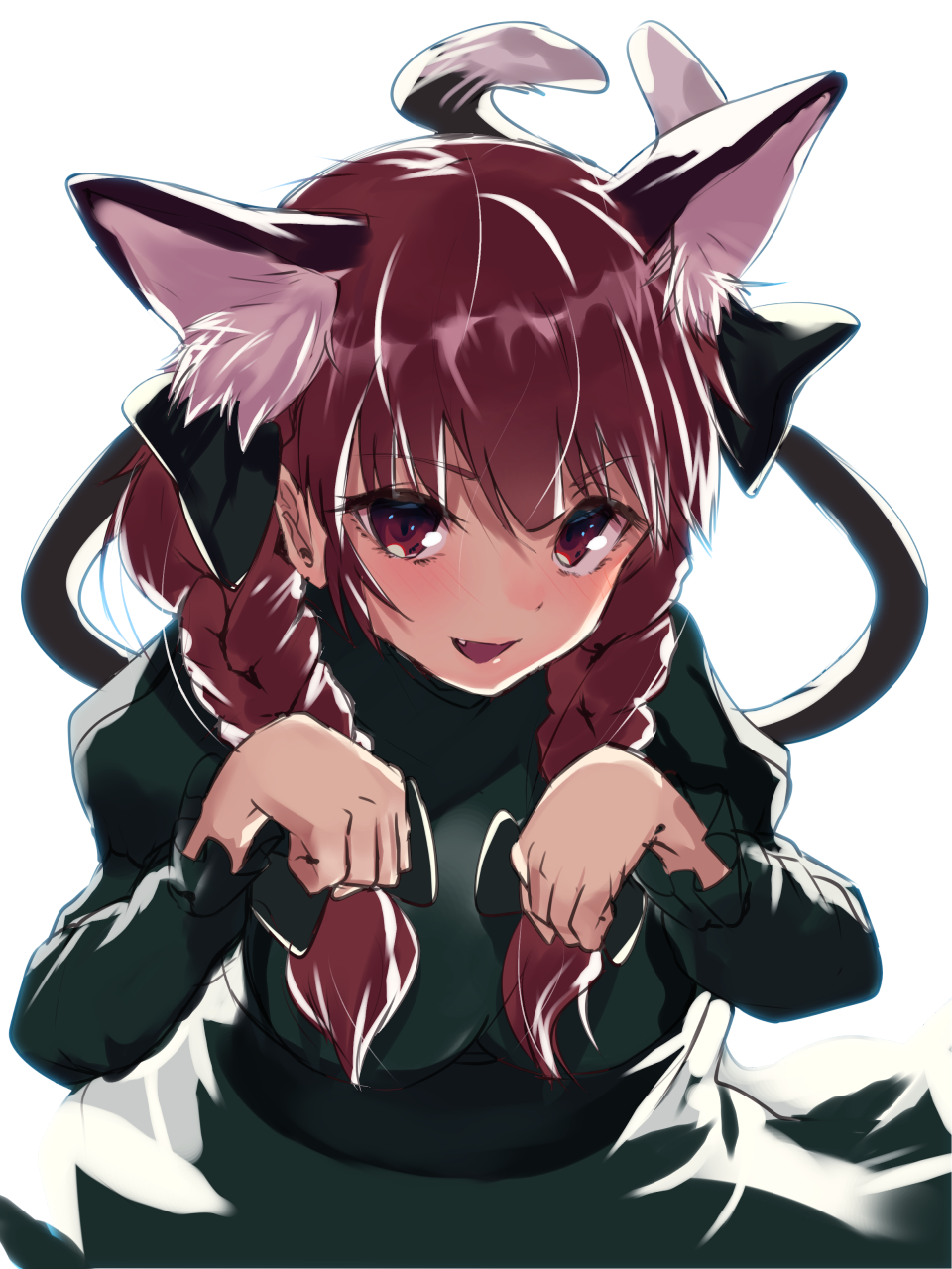 1girl :d animal_ear_fluff animal_ears asuzemu bangs black_bow blush bow braid breasts cat_ears cat_tail commentary_request dress extra_ears fang green_dress hair_bow hair_ribbon highres juliet_sleeves kaenbyou_rin leaning_forward long_hair long_sleeves looking_at_viewer medium_breasts multiple_tails nekomata open_mouth paw_pose puffy_sleeves red_eyes redhead ribbon simple_background smile solo tail touhou tress_ribbon twin_braids twintails two_tails upper_body v-shaped_eyebrows white_background