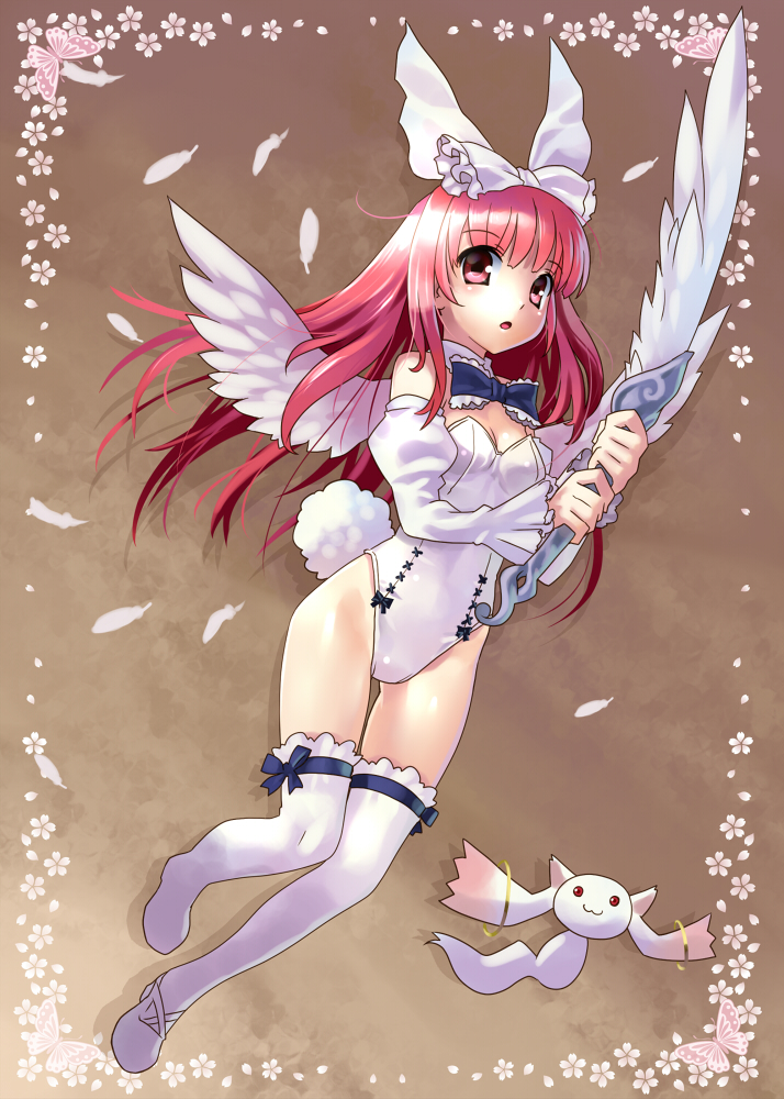 animal_ears bare_shoulders bunny_ears bunny_girl bunny_tail bunnysuit butterfly crossover deathsmiles detached_sleeves feathers hair_ribbon katahira_masashi kyubey kyuubee long_hair mahou_shoujo_madoka_magica pink_eyes pink_hair red_eyes red_hair ribbon solo sword tail thigh-highs thighhighs weapon white_legwear white_thighhighs windia wings